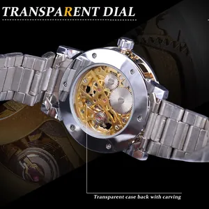 Macro view of detailed golden mechanical watch movement through transparent case back.