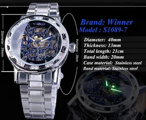 Detailed specifications of a men's skeleton manual mechanical watch with rhinestones