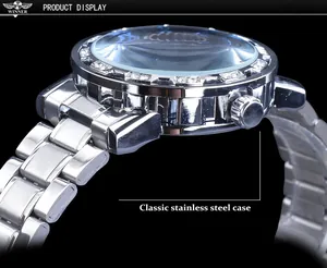 Detail view of men's silver stainless steel watch with diamond bezel and skeleton dial.
