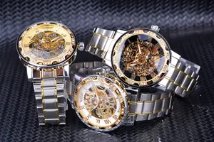 Luxury men's manual mechanical watch with skeleton dial and rhinestone bezel