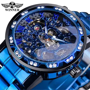 Blue skeleton mechanical watch for men with rhinestone bezel and Roman numerals