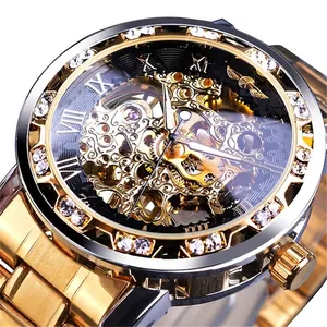 Luxury men's manual mechanical skeleton watch with diamond accents and steel band