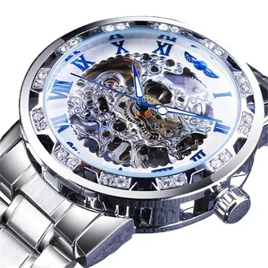 Men's luxury skeleton manual mechanical watch with rhinestones and silver band