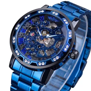 Luxurious blue skeleton manual mechanical watch for men featuring a rhinestone encrusted bezel
