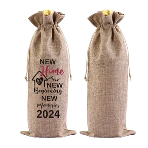 Rustikale Wein-Geschenktaschen aus Jute mit 'New Home 2024' Aufdruck und schlichtem Design