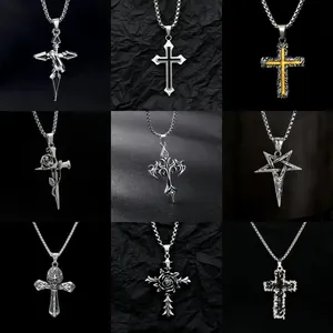 Vintage Gothic Alloy Cross Pendant Necklace For Men Women Punk Rock Skull Rose Lava Design Streetwear Fashion Jewelry Gift