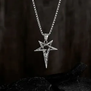 Detailed macro view of a vintage silver pentagram pendant with eye design motif