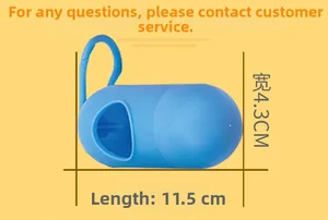 Blue capsule-shaped pet waste bag dispenser shown with length and width dimensions