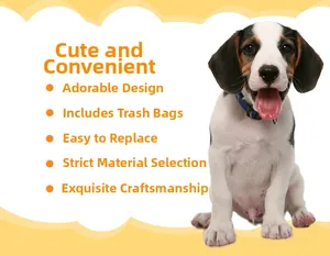 Cute puppy sitting next to key feature highlights for portable pet waste bag dispensers