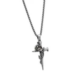 Vintage silver cross pendant necklace with rose detail for men and women