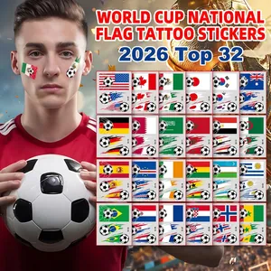 Detail showing a collection of 32 national flag soccer temporary tattoo stickers for fans