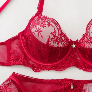 Nahaufnahme eines roten Dessous-Sets mit Blumenstickerei, Spitze und Sternanhänger.