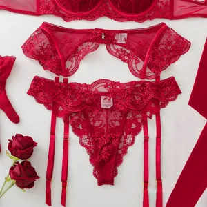 Detailansicht des roten Spitzen-Strumpfgürtels und Thongs mit Stickerei