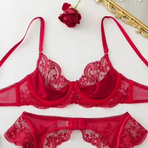 Sexy rotes Dessous-Set mit Blumenstickerei, transparentem Mesh und Spitze