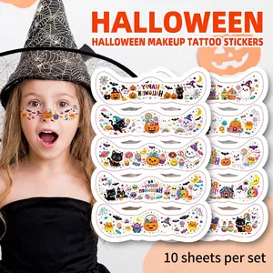 Set of 10 Halloween makeup tattoo stickers for kids with cartoon pumpkin and ghost designs