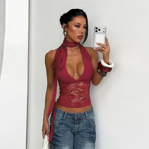 Sexy burgundy deep V-neck sleeveless top with lace stitching and matching scarf