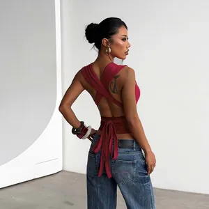 Sexy red backless sleeveless top with cross straps and elegant floral lace tie back detail