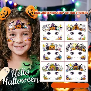 Detailed view of various Halloween cartoon face tattoo stickers for kids party makeup