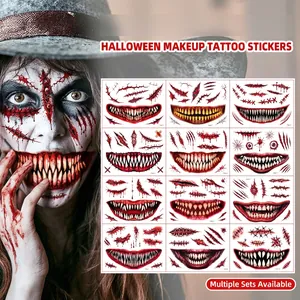 Realistic Halloween horror mouth and scar temporary tattoo stickers for scary makeup effects.