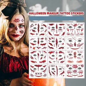 Detailed view of scary Halloween temporary tattoo stickers with blood and scar patterns.