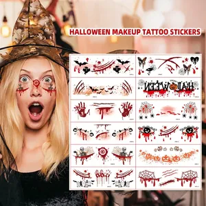 Detailed view of a set of 12 Halloween horror makeup tattoo stickers for party use