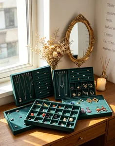 Detailed view of dark green velvet jewelry trays with multiple compartments for rings and necklaces.