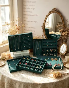 Close-up of green velvet jewelry display trays showcasing rings and necklaces.