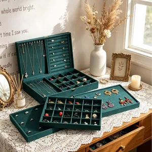 Dark Green Velvet Jewelry Display Tray Wooden Frame Organizer For Necklace Ring Earring Bracelet Storage Showcase