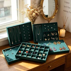 Elegant green velvet jewelry display trays for rings and necklaces organizer