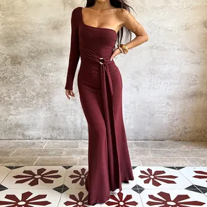 Elegant burgundy one-shoulder long sleeve slim fit evening maxi dress with waist tie detail