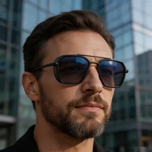 Detail view of stylish retro punk square frame sunglasses for men worn by model outdoors