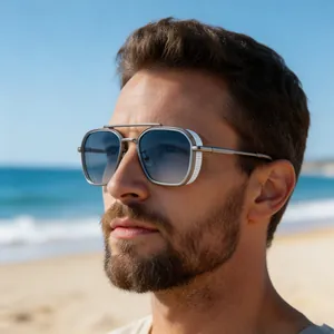 Detailed side view of men's retro punk square sunglasses with blue gradient lenses
