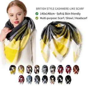 Women Large Plaid Square Scarf Elegant Tassel Autumn Winter Warm Oversized Acrylic Shawl Soft Grid Wrap Fashion Scarf