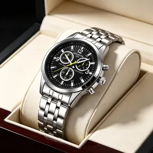 Close-up of stainless steel chronograph watch in a premium gift box.