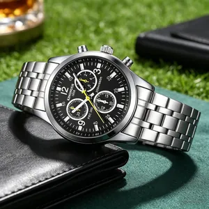 Men's fashion waterproof chronograph watch with stainless steel strap and black dial