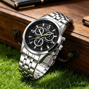 Detailed macro view of the premium stainless steel chronograph watch with a black dial