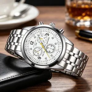 Stylish silver stainless steel men's waterproof quartz watch featuring a white dial face