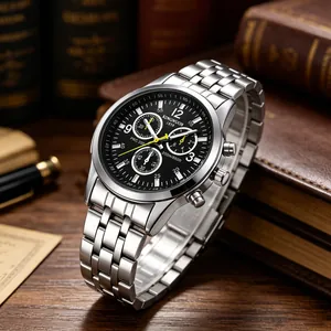 Close-up of KINGNUOS silver stainless steel chronograph watch on vintage background