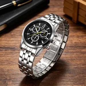 Detail of a luxury stainless steel chronograph watch with black dial and yellow hands