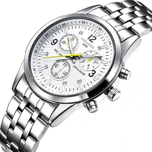 Stylish stainless steel chronograph watch featuring a white dial and yellow accents.