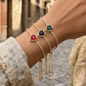 Women Copper Heart Zirconia Bracelet Gold Plated Adjustable Slider Tennis Chain Heart Shaped Gemstone Bracelet Jewelry Gift