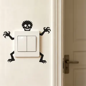 Spooky black Halloween skeleton monster light switch vinyl wall sticker for home room decor