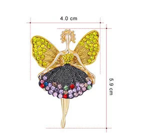 Detailed view of fairy ballet girl brooch with yellow rhinestones and dimensions
