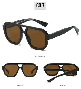 Detailed multi-angle display of black double-bridge aviator sunglasses with brown lenses.
