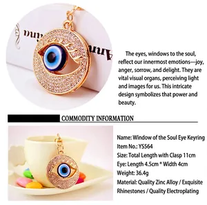 Rhinestone Turkish Evil Eye keychain with detailed product dimensions and weight