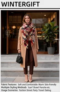 Detail of a soft oversized colorful plaid cashmere-like square scarf on a model outfit