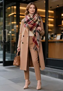 Elegant woman wearing a colorful plaid cashmere-like scarf with a camel wool coat