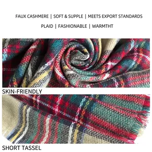 Colorful plaid faux cashmere scarf with short tassels, warm winter shawl for women.