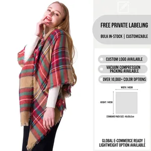 Oversized double-sided colorful plaid imitation cashmere square scarf shawl for women