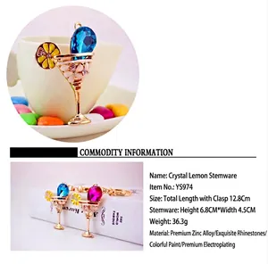 Detailed crystal rhinestone wine glass keychain with lemon slice and colorful gems